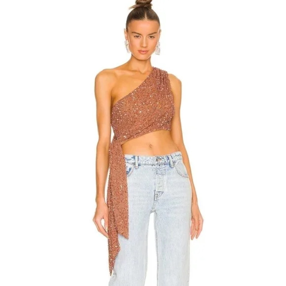 Retrofete Copper One-Shoulder Sequin Crop Top